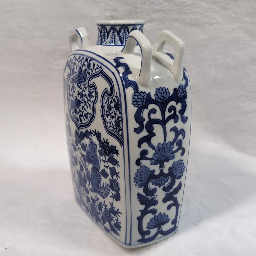 Vtg Chinese Moon Flask Vase Blue White 4 Handle Phoenix Peony Floral Chinoiserie
